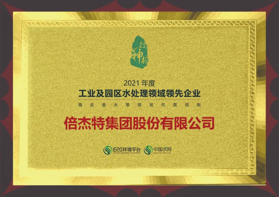 杏宇娱乐荣获2021年度“工业及园区水处置惩罚领域领先企业-高盐废水零排放年度领跑企业”